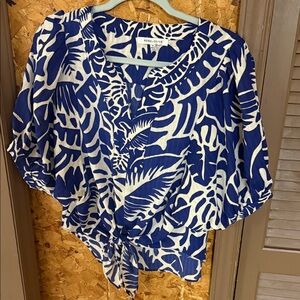 Rose & Olive Leaf Print Blouse in Blue and White